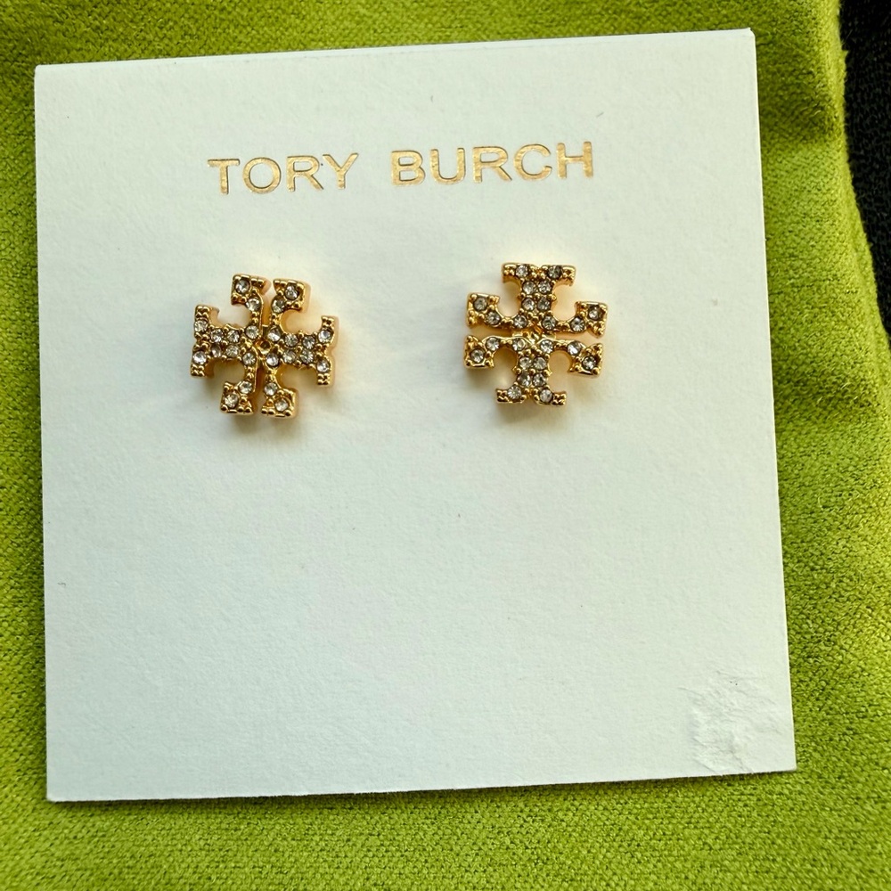 Brand New Tory Burch logo signature Gold Crystal Stud Earrings